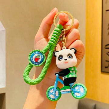 Green Panda On Cycle Keychain | 3D Lanyard Keychain | Silicone | Premium |