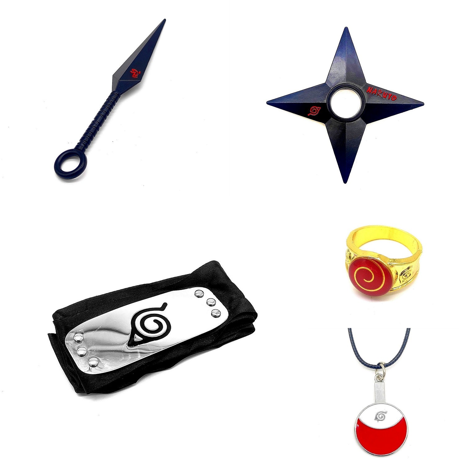 Naruto Merchandise Set Of 5 Merch - Kunai Knife, Leaf Village Head Band, Uzumaki Ring, Uchiha Necklace And Shuriken Set