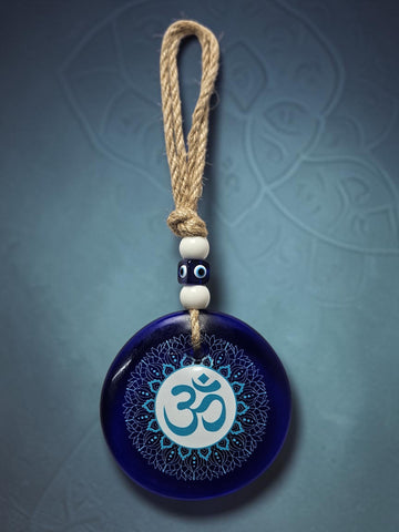 Blue Om Wall Hanging with Evil Eye Beads | Handmade Bohemian Spiritual Home Décor for Meditation & Yoga