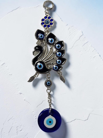 Blue Evil Eye Peacock Keychain with Crystal Charms | Nazar Protection Pendant Key Ring for Car, Bike, Bag & Gifting | Blue & Silver