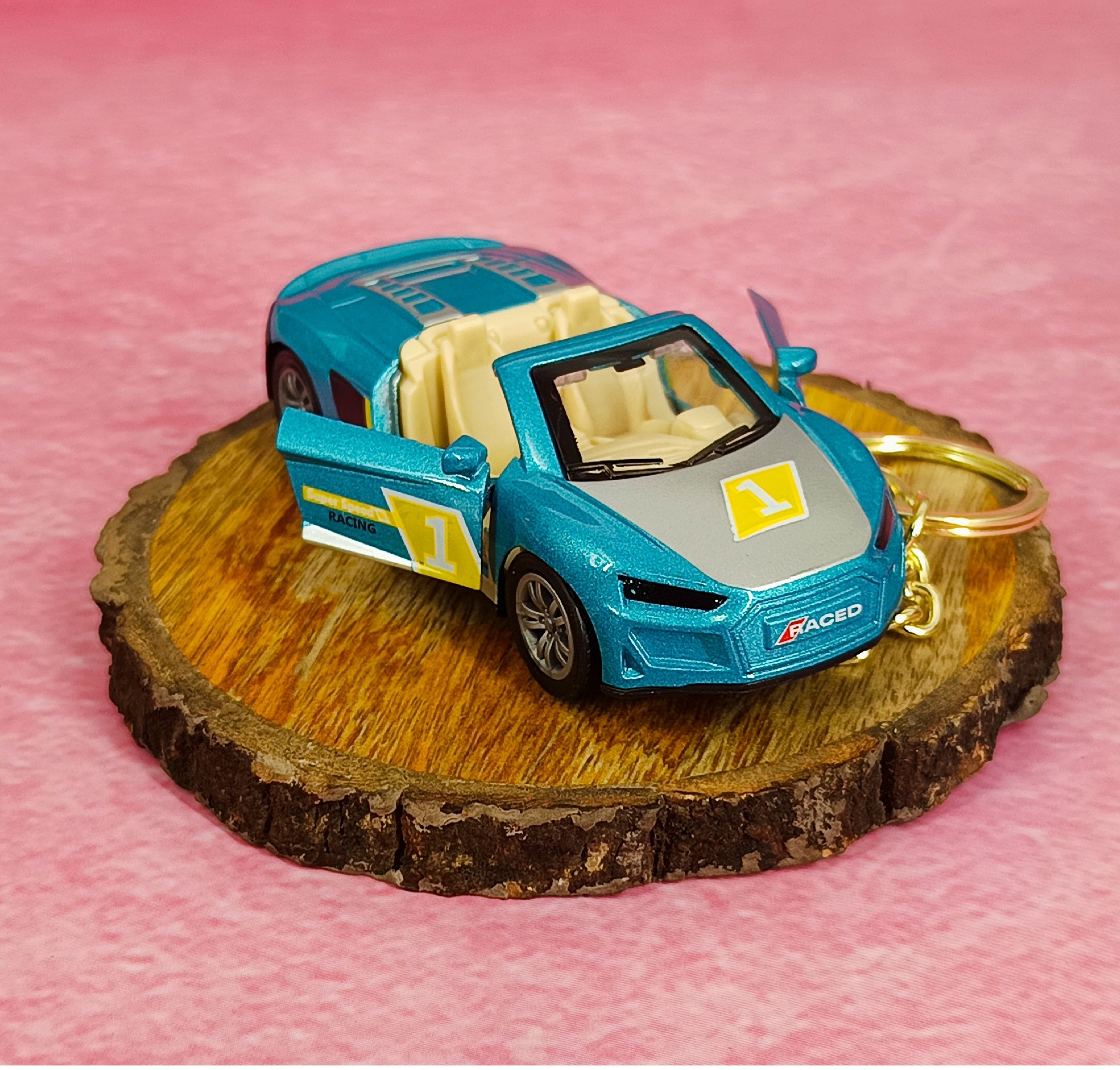Blue Racing Car Keychain | Miniature Collectible Model | With Golden Keyring |