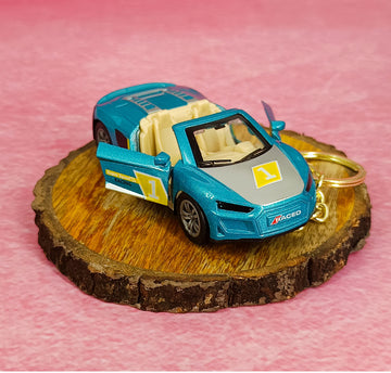 Blue Racing Car Keychain | Miniature Collectible Model | With Golden Keyring |