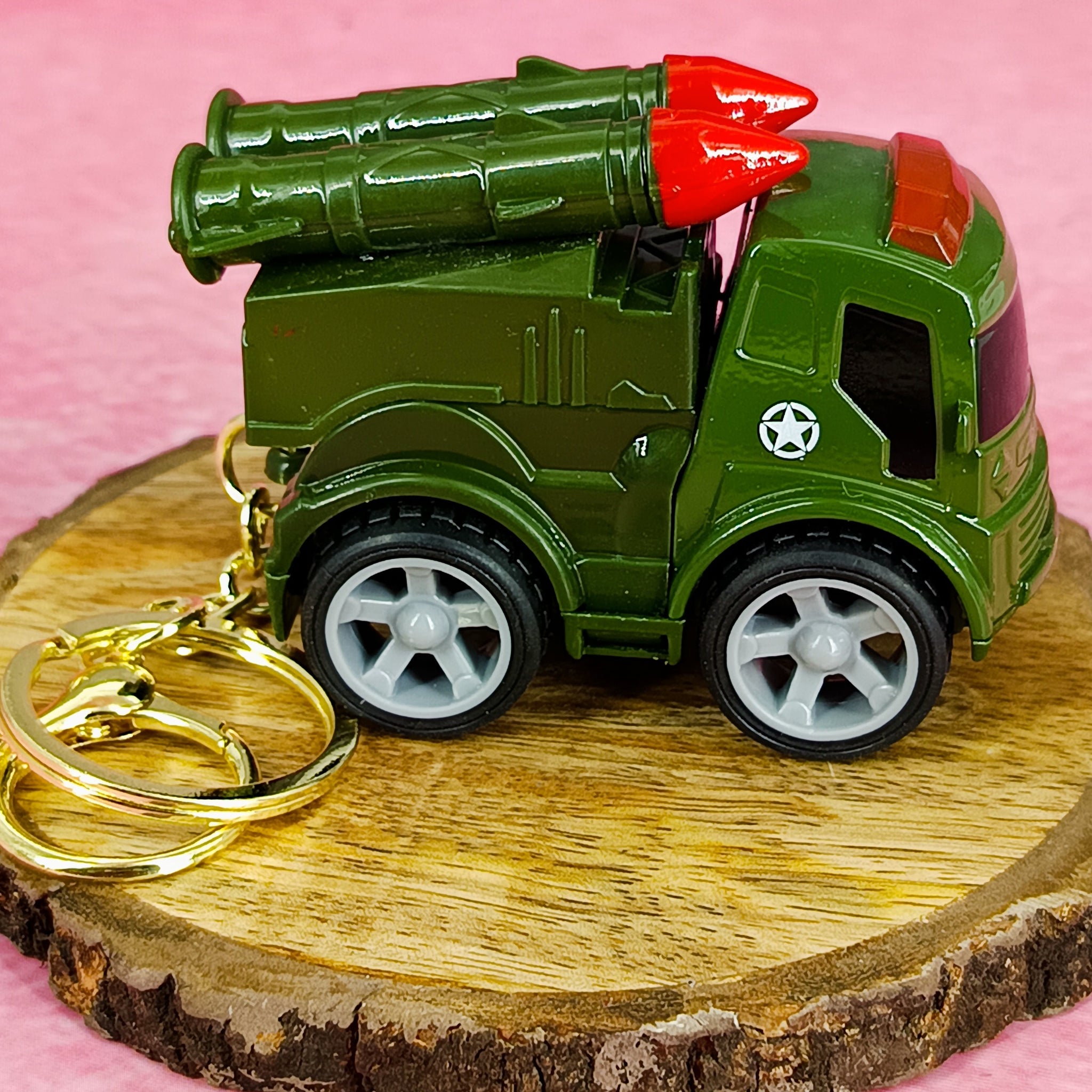Green Military Truck Keychain | Two Ballistic Missiles | With Golden Keyring Keychain |