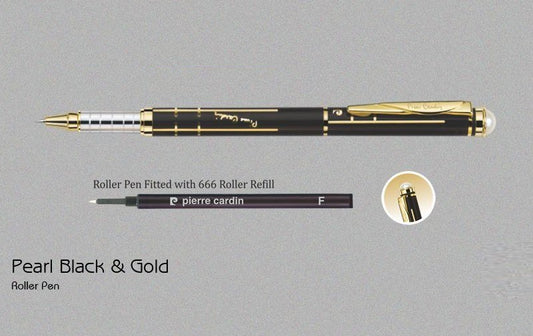 PIERRE CARDIN PEARL EXCLUSIVE BLACK AND GOLD ROLLER PEN | METAL BOX |