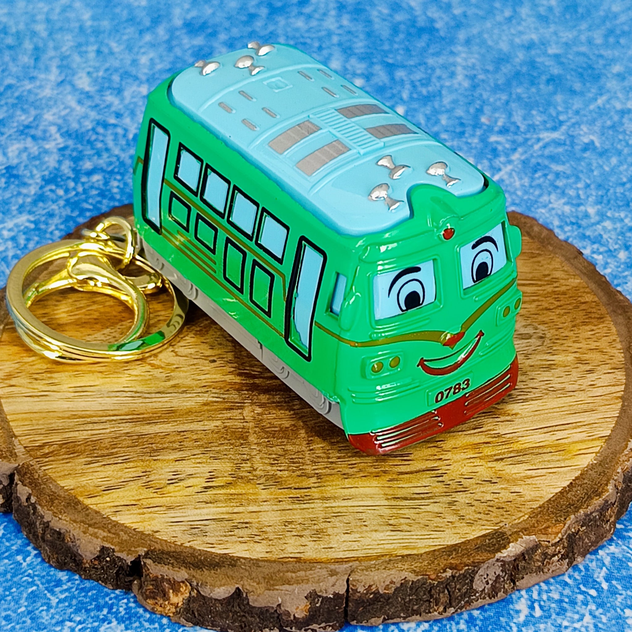 Green Cute Smiling Pull Back Bus Toy Keychain | With Golden Keyring Keychain |