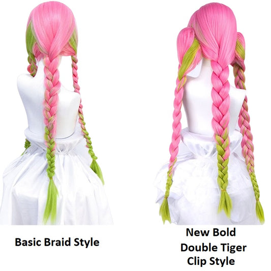 Demon Slayer Kanroji Mitsuri Braid Long Straight Ombre Green Pink Cosplay Wigs With Bangs For Anime