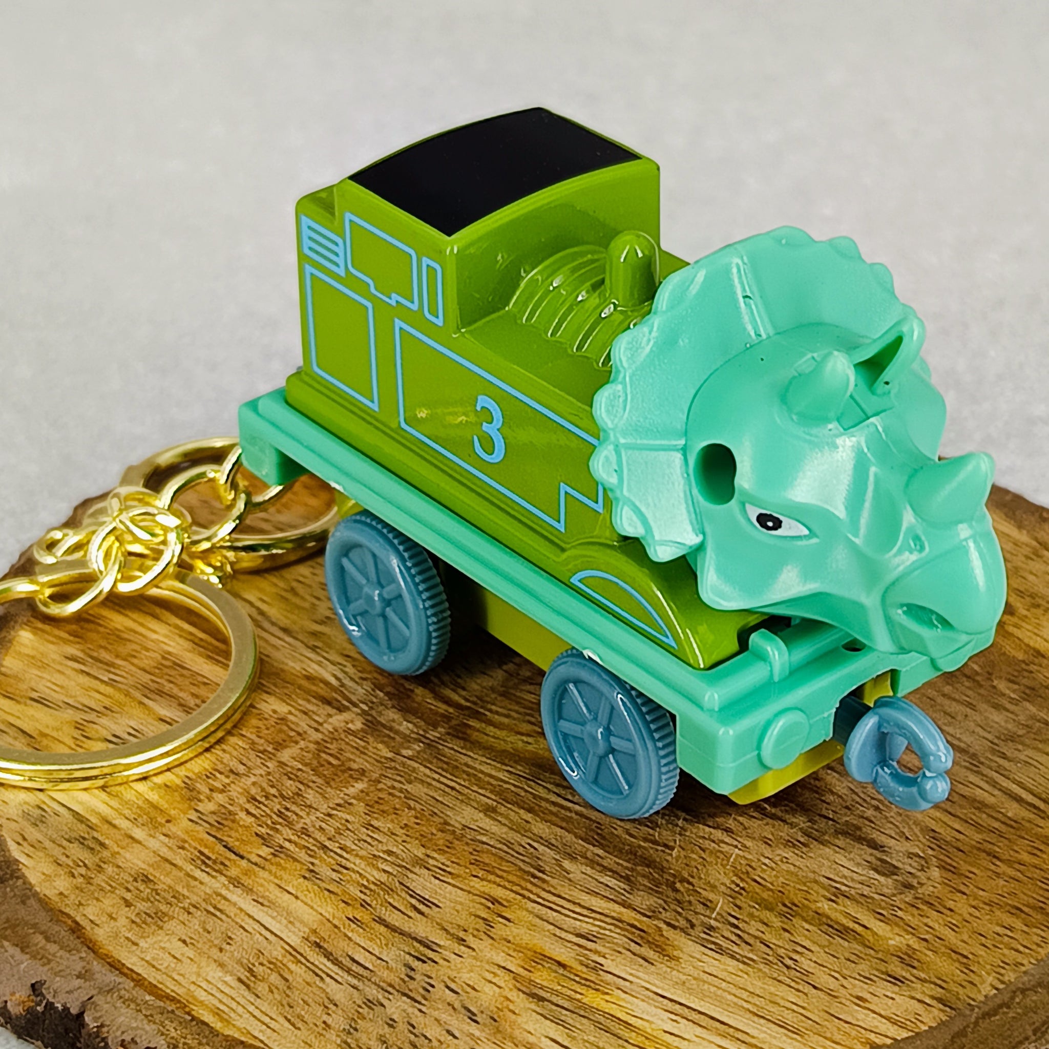 Green Triceratops Keychain | Model 3 | Dino Trains | Golden Keyring Keychain |