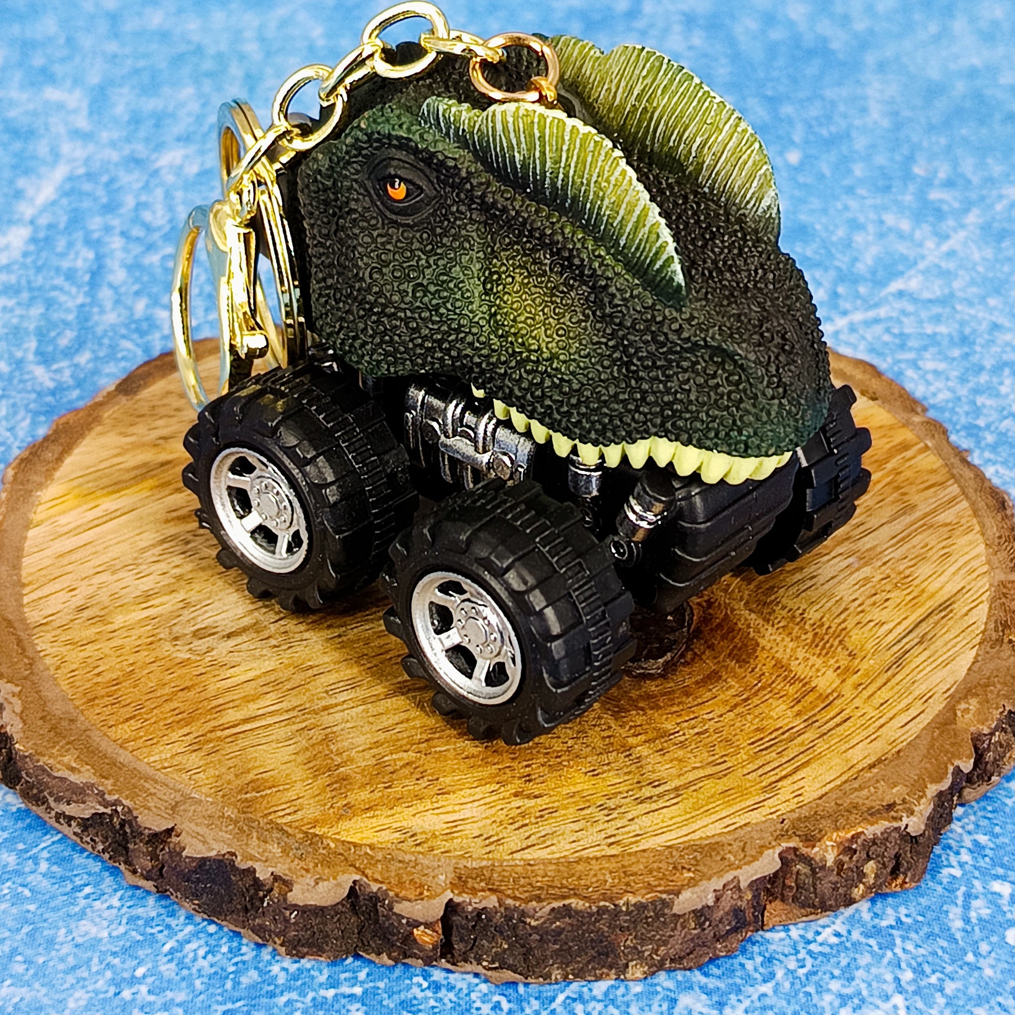 Dilophosaurus Dinosaur Keychain | Pull Back Toy Car | Golden Keyring Keychain |