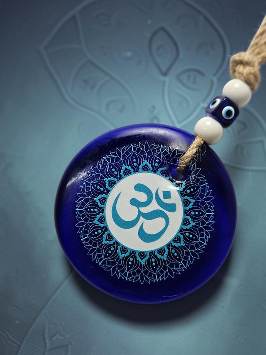 Blue Om Wall Hanging with Evil Eye Beads | Handmade Bohemian Spiritual Home Décor for Meditation & Yoga