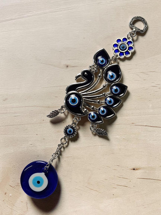 Blue Evil Eye Peacock Keychain with Crystal Charms | Nazar Protection Pendant Key Ring for Car, Bike, Bag & Gifting | Blue & Silver