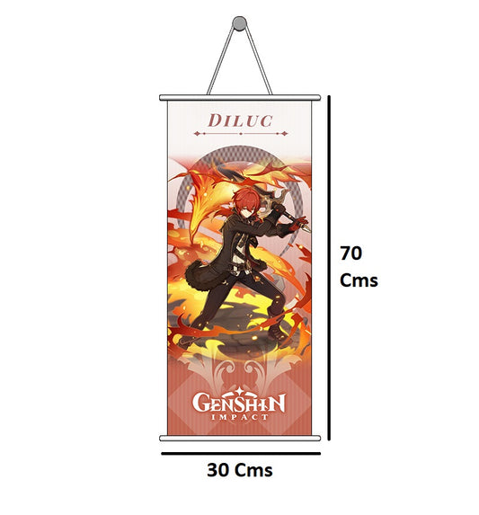Genshin Impact Diluc Gaming Anime Wall Hanging Scroll (70 x 25 Cms)