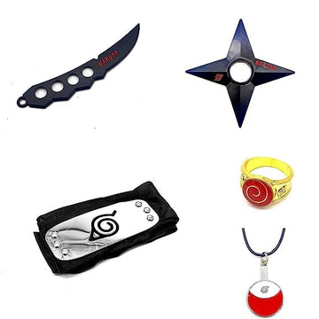 Naruto Merchandise Set Of 5 Merch - Asuma's Chakra Blade, Leaf Village Head Band, Uzumaki Ring, Uchiha Necklace And Shuriken Set
