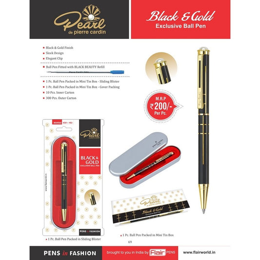 PIERRE CARDIN PEARL EXCLUSIVE BLACK & GOLD BALLPOINT PEN | WITH METAL BOX |