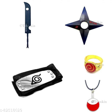 Naruto Merchandise Set Of 5 Merch - Zabuza's Sword, Leaf Village Head Band, Uzumaki Ring, Uchiha Necklace And Shuriken Set