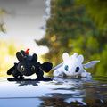 Two dragon toys, one black and one white, floating on water with a blurred natural background.