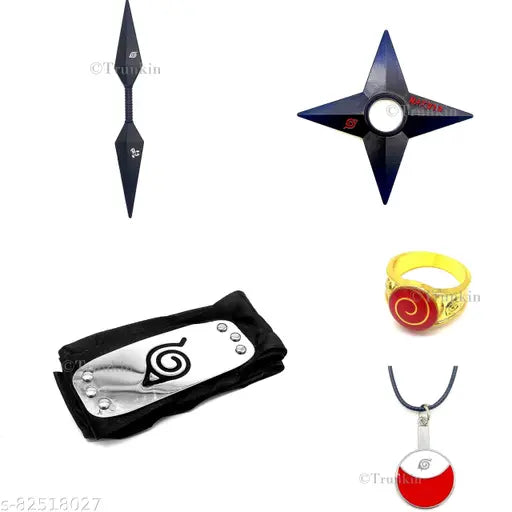 Naruto Merchandise Set Of 5 Merch - 2 Sided Kunai Knife, Leaf Village Head Band, Uzumaki Ring, Uchiha Necklace And Shuriken Set