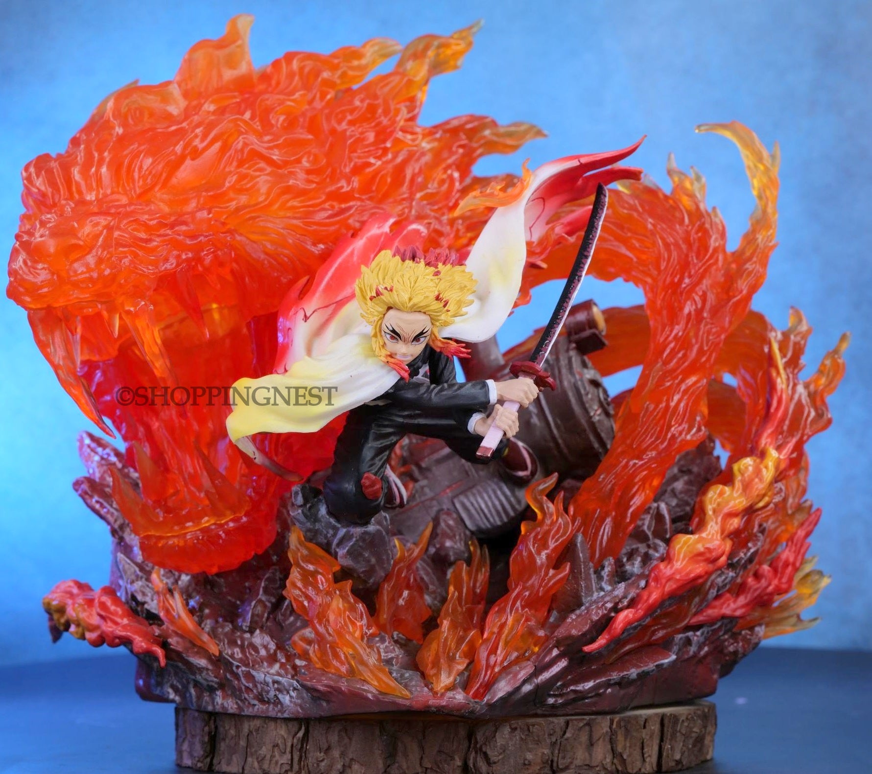 Demonslayer Anime Rengoku  Fire Breathing Slash Attacking Akaza Scene with Lights Action Figurine | 32 Cm |