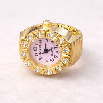 BOZHI Women's Gold Plated Ring Watch | Adjustable Stretch Band Quartz Analog Rhinestone Fashion Jewelry Watch