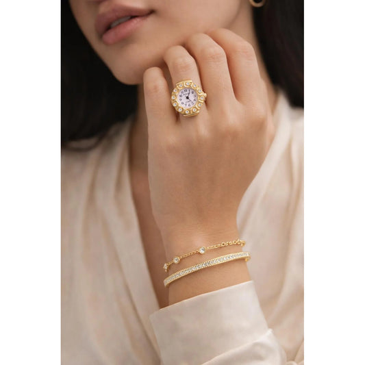 BOZHI Women's Gold Plated Ring Watch | Adjustable Stretch Band Quartz Analog Rhinestone Fashion Jewelry Watch