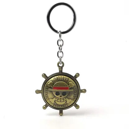 One Piece Rotating Revolving Golden Ship Steering Wheel Metal Keychain Model 2