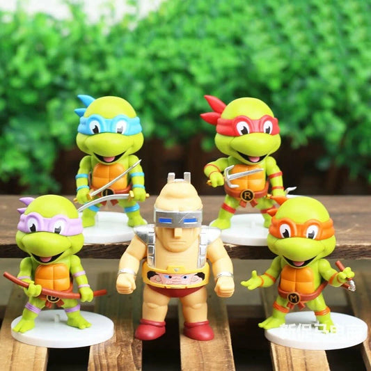 Ninja Turtles Set of 5 Action Figures with White Stand (8 cm) |PVC| Collectible by ShoppingNest