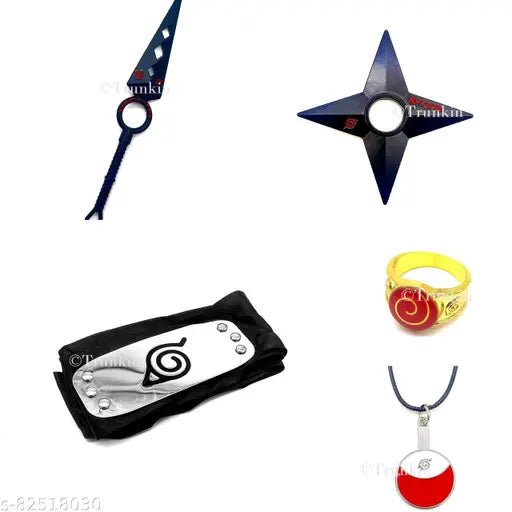 Naruto Merchandise Set Of 5 Merch - Patterned Kunai Knife, Leaf Village Head Band, Uzumaki Ring, Uchiha Necklace And Shuriken Set